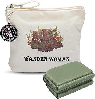 Kit de Randonnée 4-en-1, Sac en Toile Boussole Poncho Imperméable Coussin Pliable Accessoires Outdoor Légers pour Camping Idée Cadeau Femme Homme Amoureux de la Nature
