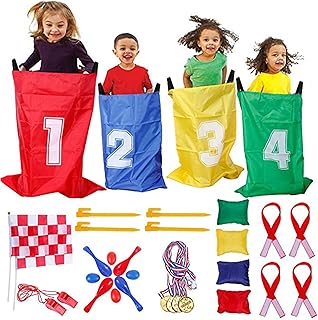 GOLDGE Jeux Exterieur Enfant, Course de Sac, Course À 3 Pattes, Jeux Anniversaire Exterieur, Course Aux Oeufs-avec Médaille, 32PCS 4-in-1 Ensemble de Sports Day Jeux, Fête Jeux pour Enfants Adultes