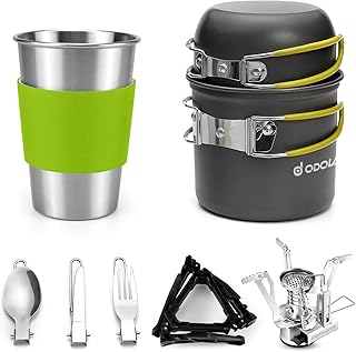 Odoland Kit de Casseroles Camping, 10PCS Ustensiles de Cuisine de Camping en Aluminium Durable, Camping Ustensiles Complets avec Réchaud de Camping Portable Ultraléger pour Camping, Randonnée, Pêche